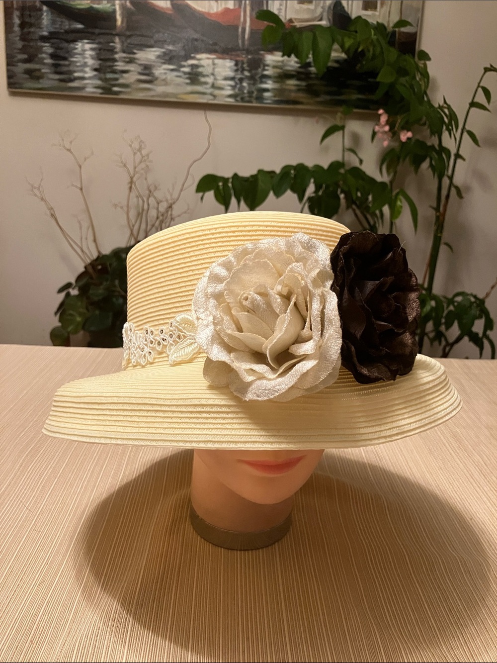 Elegant Cream Ladies Wide-Brim Hat with Floral Accent